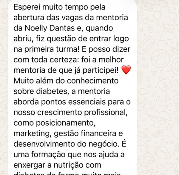 Trecho de mensagem da Paula: esperei muito tempo pela abertura das vagas da mentoria e posso dizer com toda certeza que foi a melhor mentoria de que já participei